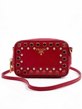 Prada Red Saffiano Leather Crystal Studded Mini Crossbody Camera Bag
